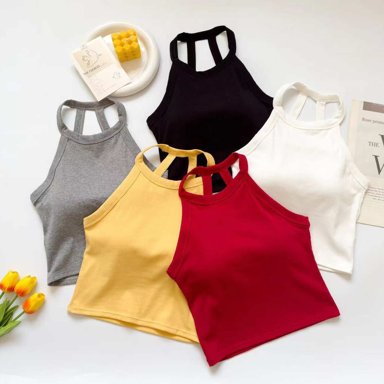 Pure Sexy Hollow-out Beautiful Back Halter Camisole Women's Summer One-piece Slim-fit Short Top with Chest Pad