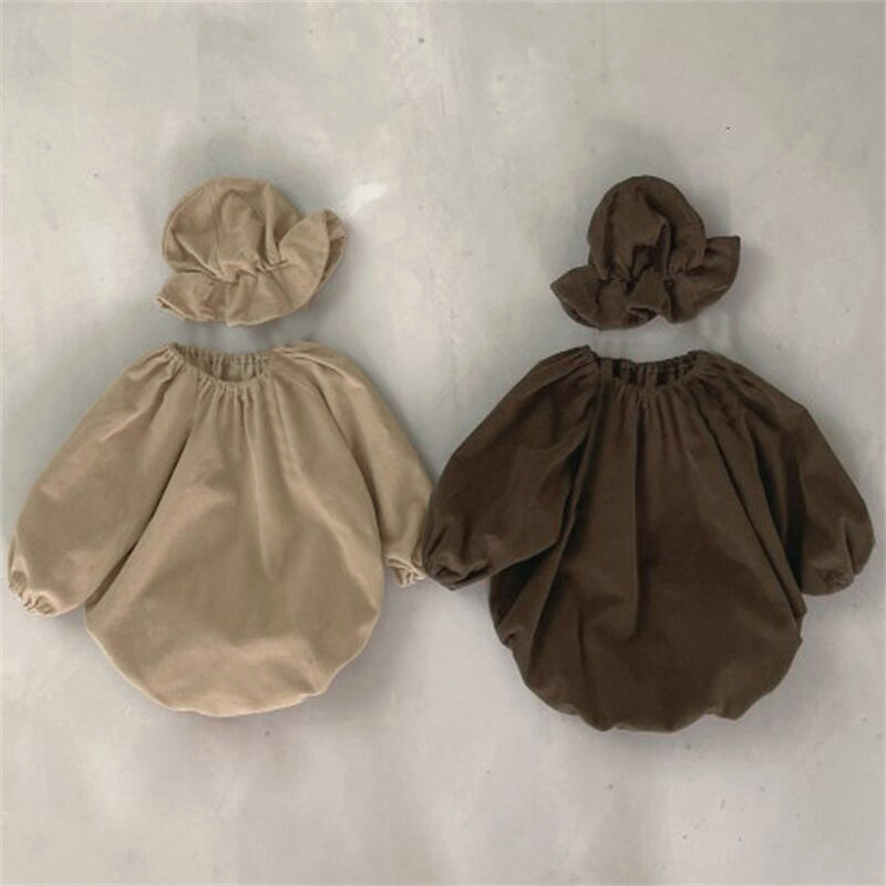 Ins Korean Style Autumn and Winter Clothes Jumpsuit for Baby Girl Stylisly Vintage Cute Corduroy Hat Wrap Hats