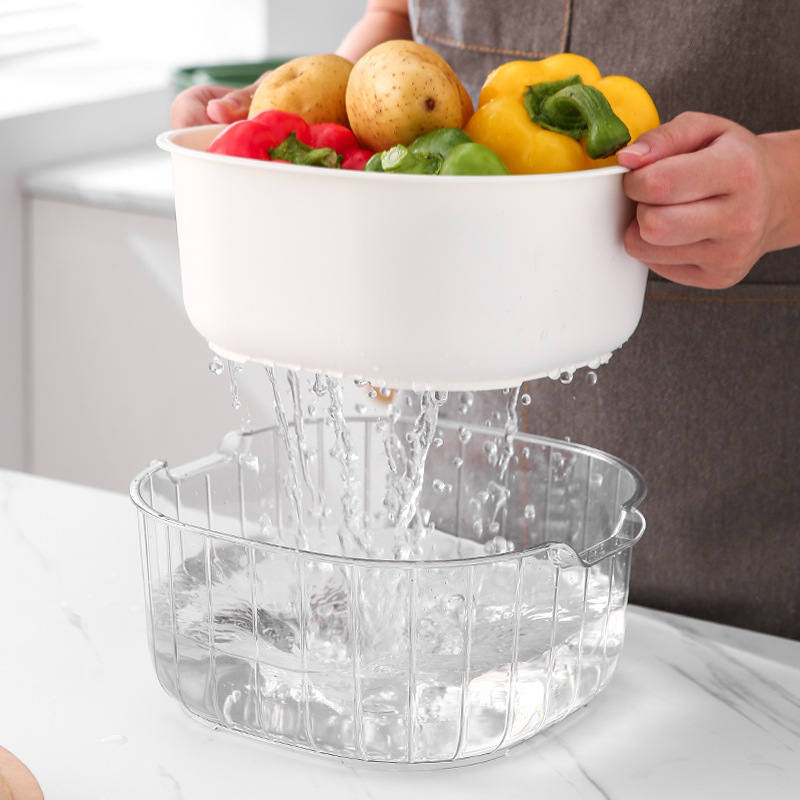 Picture of New double-layer vegetable washing basin drain basket household living room plastic fruit plate kitchen thickened water filter vegetable basket vegetable washing basket