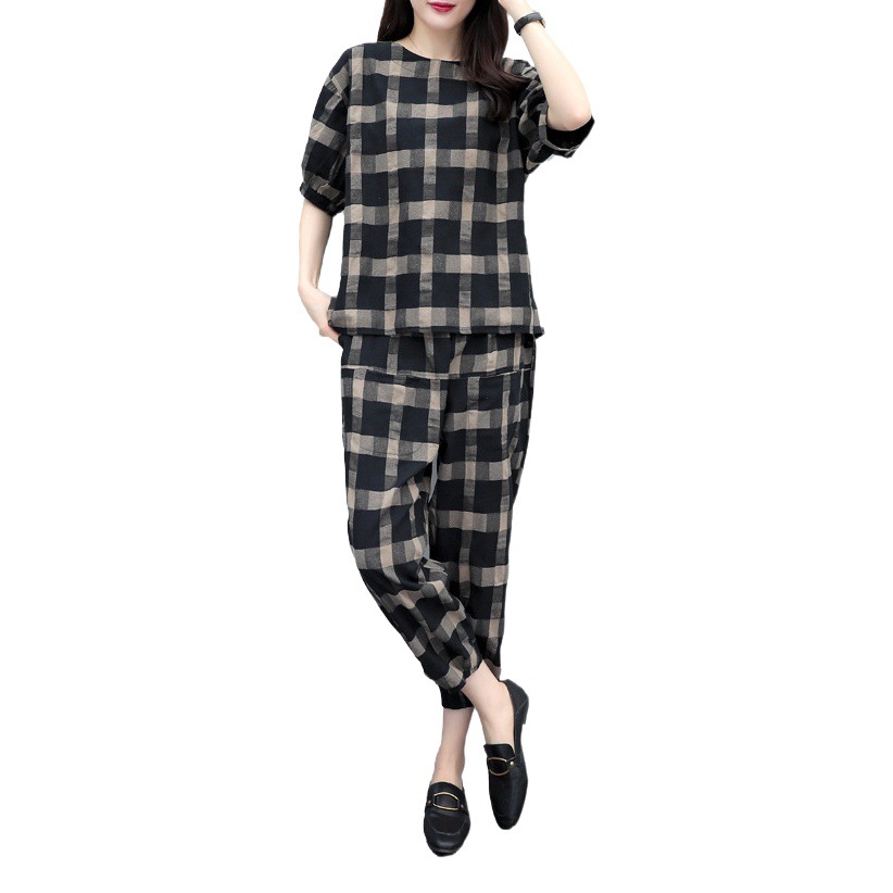 Plaid Suit for Women 2025 New Summer Clothing Plus Size Women's Casual Short-Sleeved Nine-Point Pants Slimming Two-Piece Set Loose Trendy