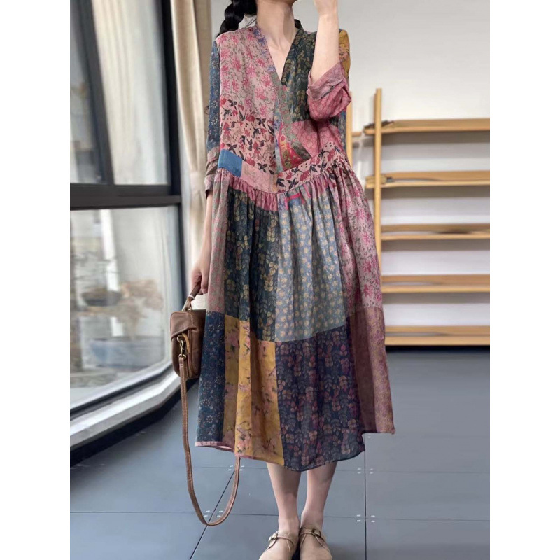 2025 Spring and Summer Literary Retro Ethnic Color-Blocked Printed Floral Loose Casual Elegant V Neck Linen Dress