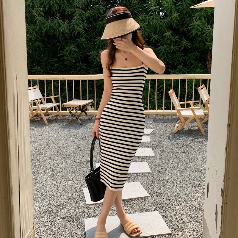 2024 Holiday Style Feminine Sexy Spice Girl Strapless Striped Mid-Length Dress Waistline Slimming All-Match Suspenders Dress