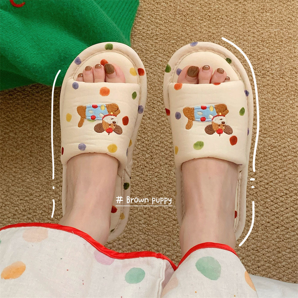 Fun Cute Puppy Linen Slippers Ins Japanese Style Color Wave Dot Four Seasons Universal Home Cotton Linen Floor Shoes for Women