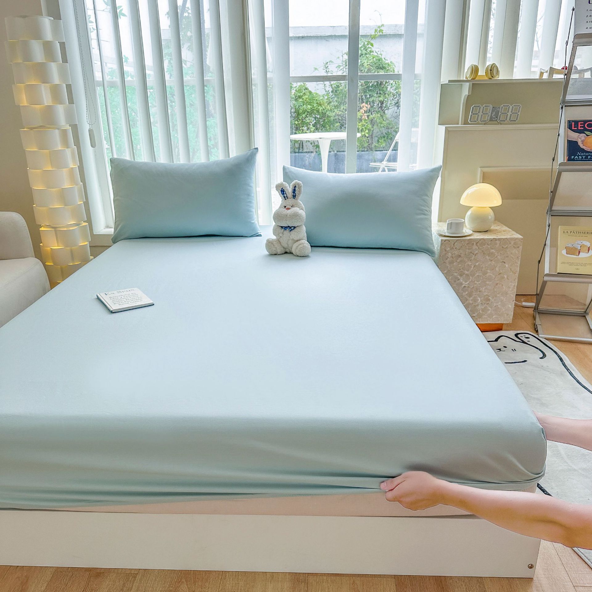 Picture of Thickened Fitted Sheet Single Piece, Class A, All Solid Color, Washed Cotton, 60S, Maternal and Infant Grade, Fitted Sheet Cover, Imitation Pure Cotton, Summer