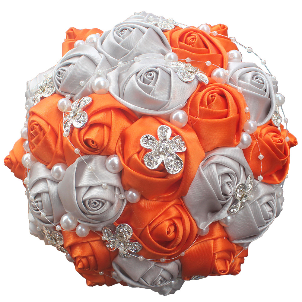 Picture of European and American Super Beautiful Ribbon Flower Wedding Supplies Bride's Hand-held Flower Five-flower Beaded Hand-held Flower Wedding Supplies Hand-held Flower