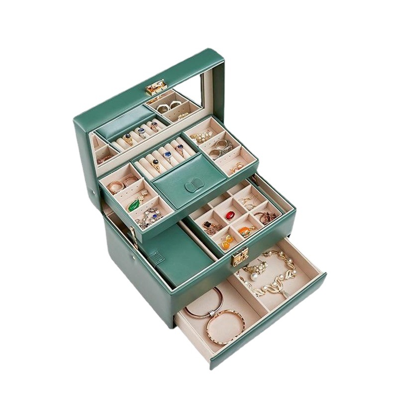 New pu leather jewelry box Korean jewelry storage box monochrome temperament multi-layer super large capacity jewelry box