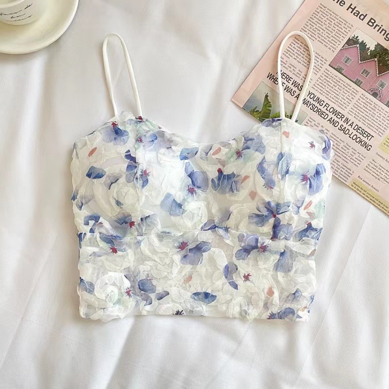 Picture of Small Fresh Floral Sling Outer Wear Tube Top Backless Chiffon Floral Vest Exposed Navel Sweet Short Top