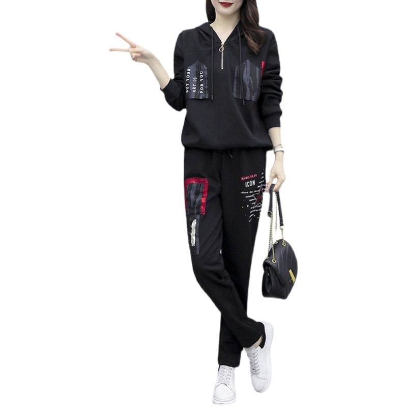 Printed casual sportswear suit women's autumn and winter Korean style fashion New plus size loose hooded sweater two-piece suit fashion