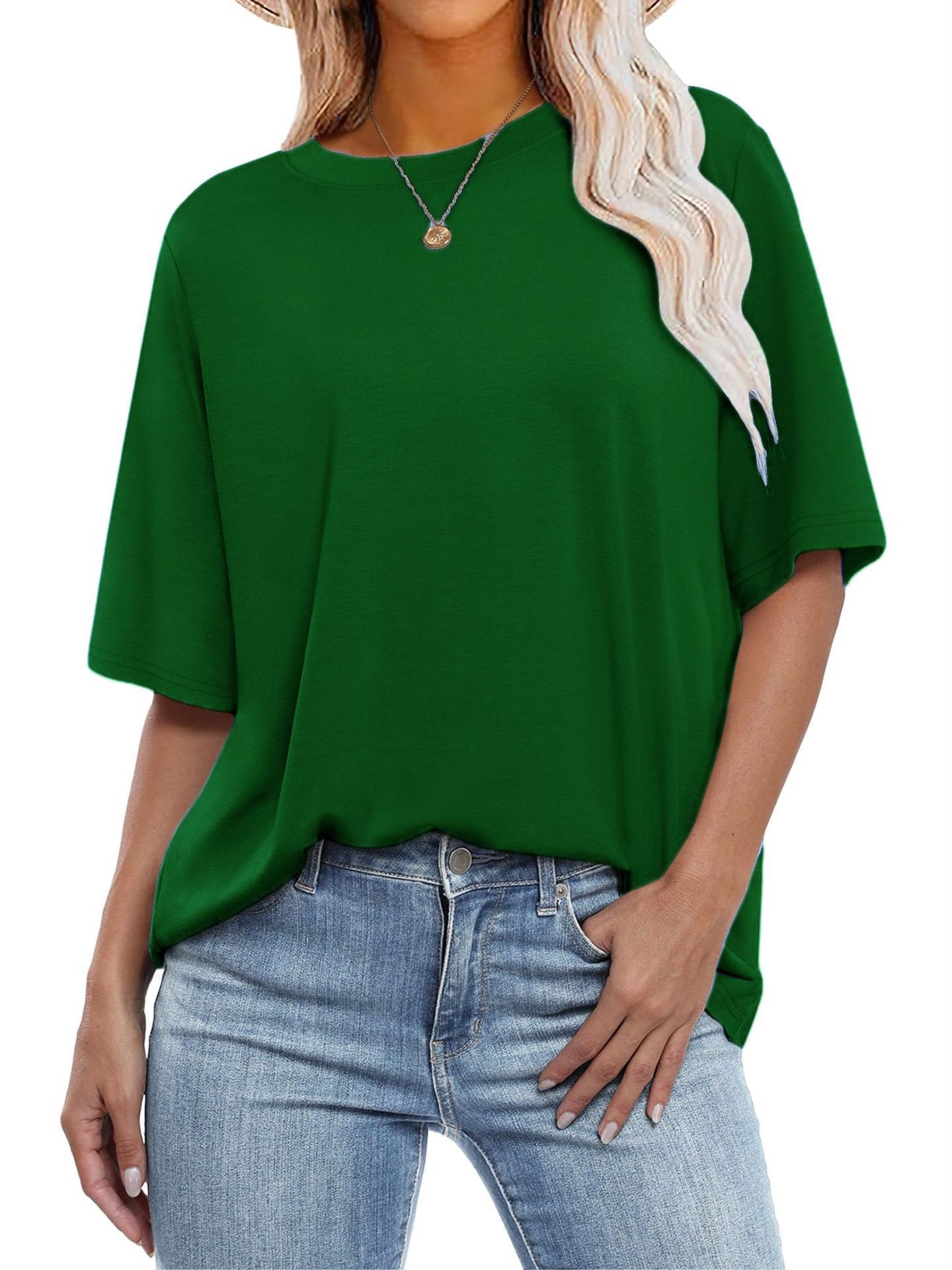 Amazon Wish European and American Cross-Border Women's Clothing 2025 Spring and Summer New Casual Pure Color Round Neck Loose Short-Sleeved T-Shirt