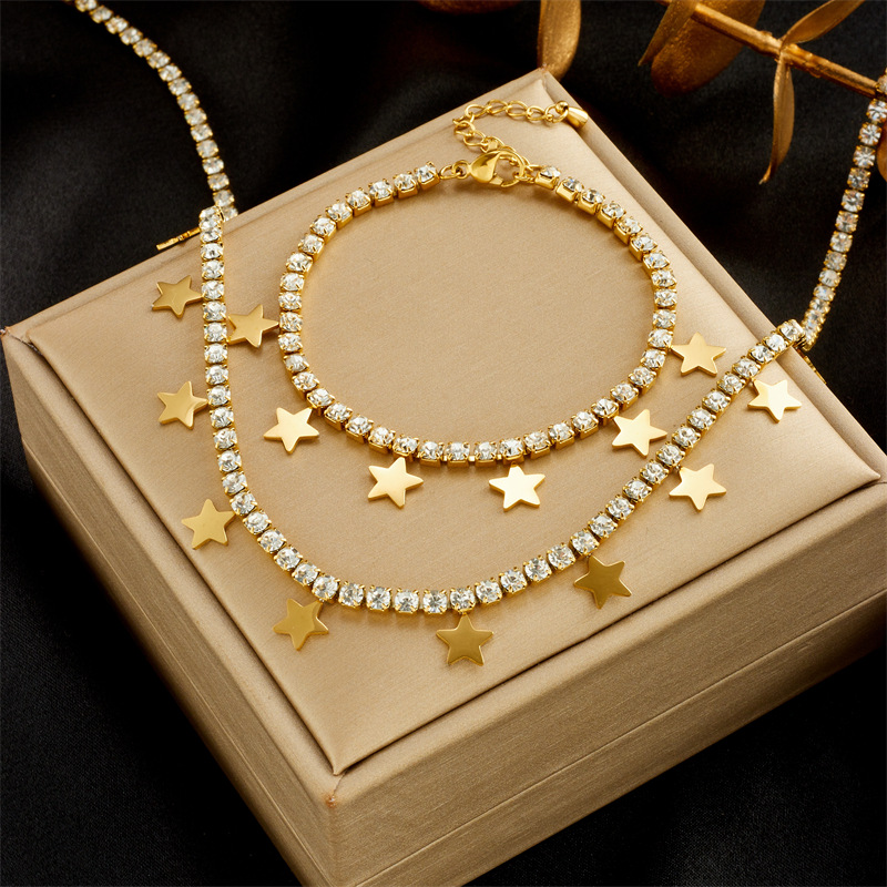 European and American fashion light luxury vintage diamond star necklace bracelet titanium steel metal niche all-match simple jewelry suit