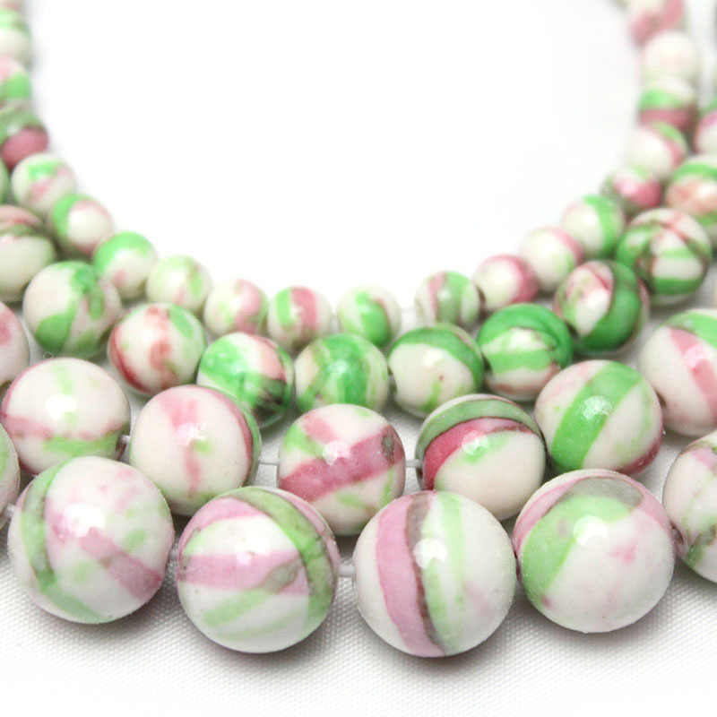 Picture of Pink green white rain colored stone round beads diy handmade beaded bracelet jewelry accessories woven material loose beads wholesale