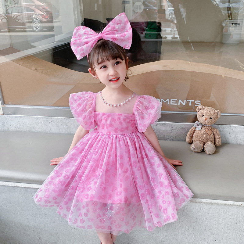 Girls Summer Pearl Collar Bow Pink Leopard Princess Dress 2022 New Girl Stylish Dress Skirt
