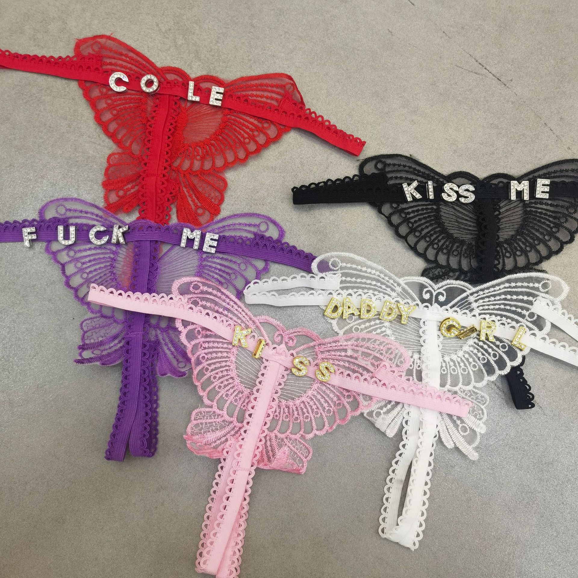 Butterfly lace transparent T pants with rhinestone letters fully transparent thong female temptation