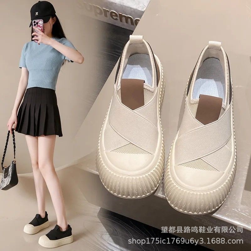 Foreign Trade Women's Shoes Spring & Fall New Breathable Mesh Biscuit Canvas Shoes Thick-Soled High-Leg Slip-On Trbottomy Casual Sneakers