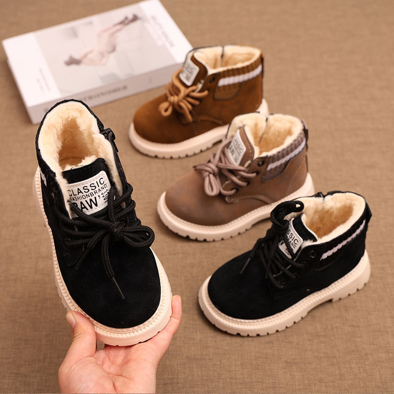 Girls' fashionable casual cotton shoes, boys' warm padded Martin boots, children ages 3-7, side zipper vintage snow boots