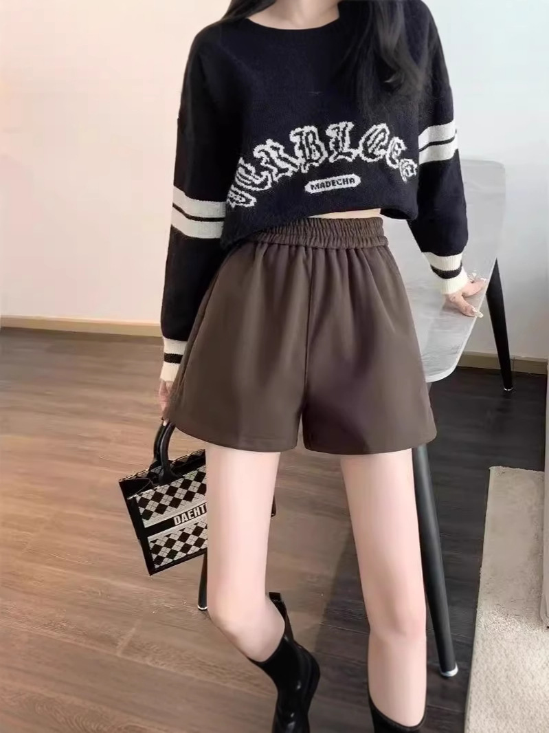 2025 Autumn and Winter Elastic Easiest for Match Outerwear Loose Slim High Waisted Woolen Shorts Women's Large Size Wide Leg Pants Black
