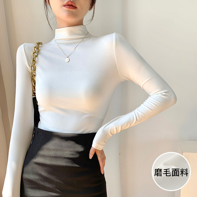 Half-high Collar Base Shirt Autumn and Winter New Slim-fit Warm Fleece Long-sleeved T-shirt Women's Solid Color All-match Top