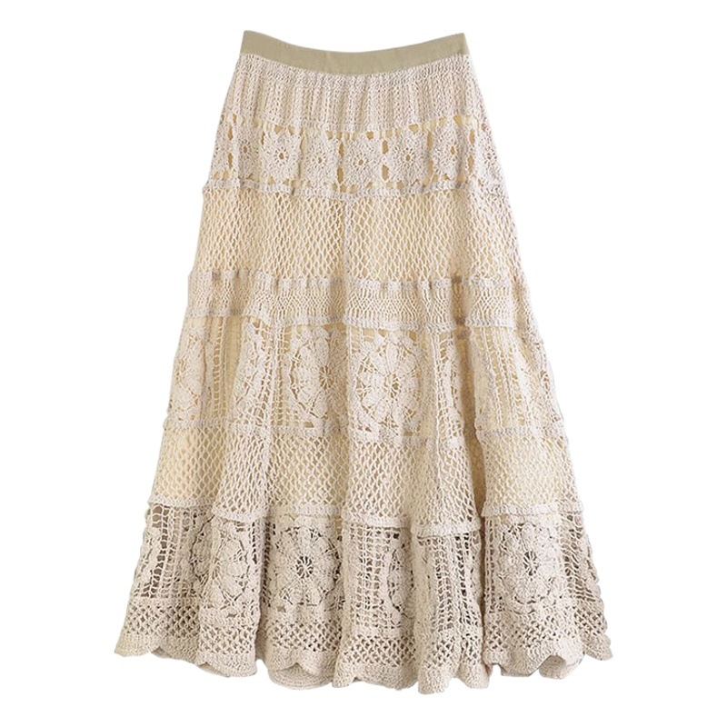 2023 autumn and winter New chic Korean style gentle heavy work retro French crocheted hollow design knitted skirt A- Line skirt