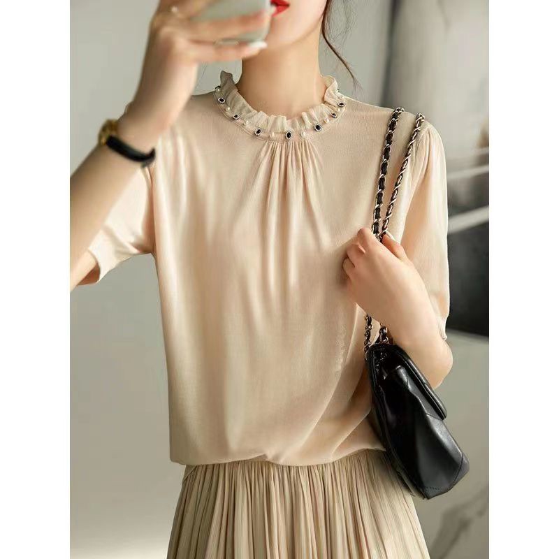 Ice Silk Short-sleeved T-shirt Women's Summer Bead Design Western-style Loose Slimming Knitted T-shirt Top All-match Women's