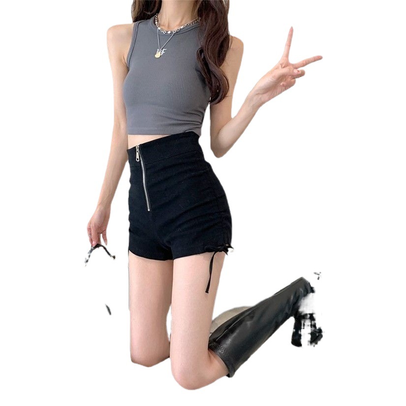 2022 Summer plus size chubby girl Black Wide Pants Female High Waist Wear Thin Zipper A Word Shorts Casual Hot Pants