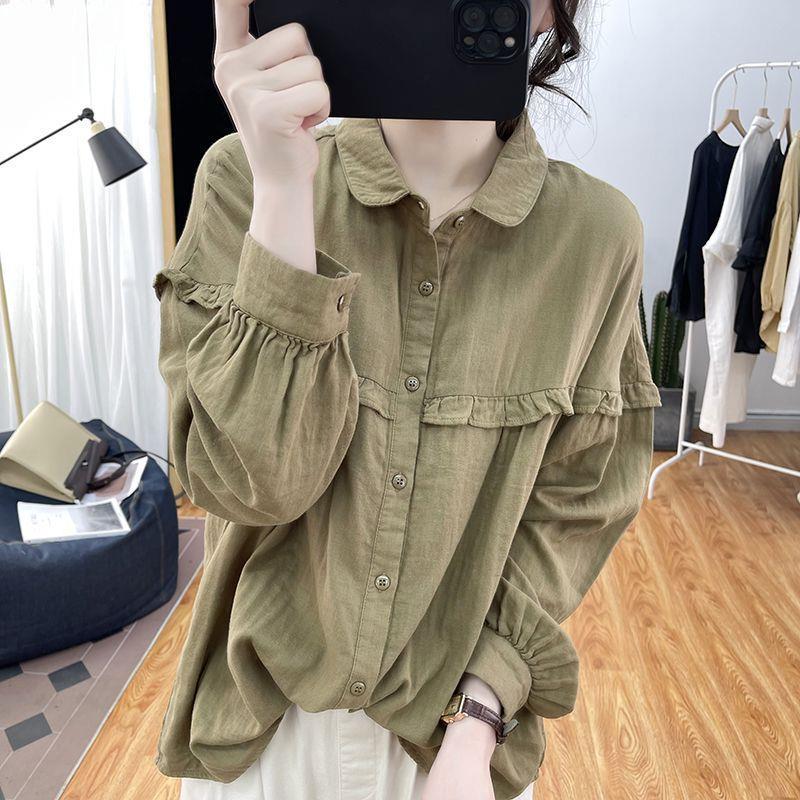 New Chinese Style Cotton Linen Lantern Sleeve Shirt Women's Spring and Autumn Ruffled Long Sleeve Age-reducing 95 Cotton Top Vintage Base Shirt