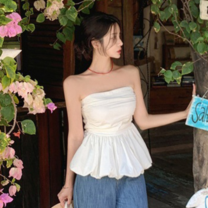 South Korea Dongdaemun Elegant Fashion Tight Waist Sexy Chest Large Tube Top Pleated All-match Ruffled Sleeveless Top for Women