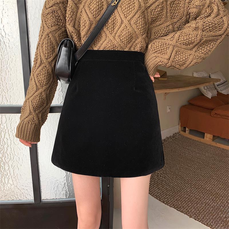 Black Woolen Skirt Short Skirt Women's Autumn and Winter New A- line Skirt Fashionable All-match Chubby M High Waist Hip Short Skirt