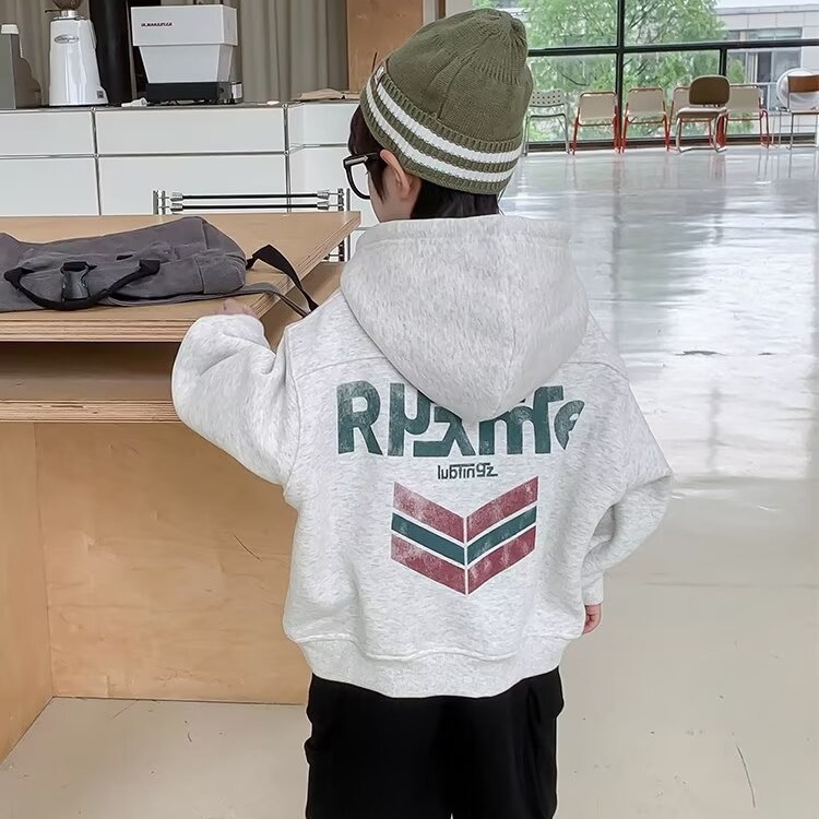 Picture of Boys' Korean Style Autumn and Winter Sports Style Raglan Fashionable Hooded Sweatshirt Kidsren's One-Piece Velvet Handsome Trendy Cool Top
