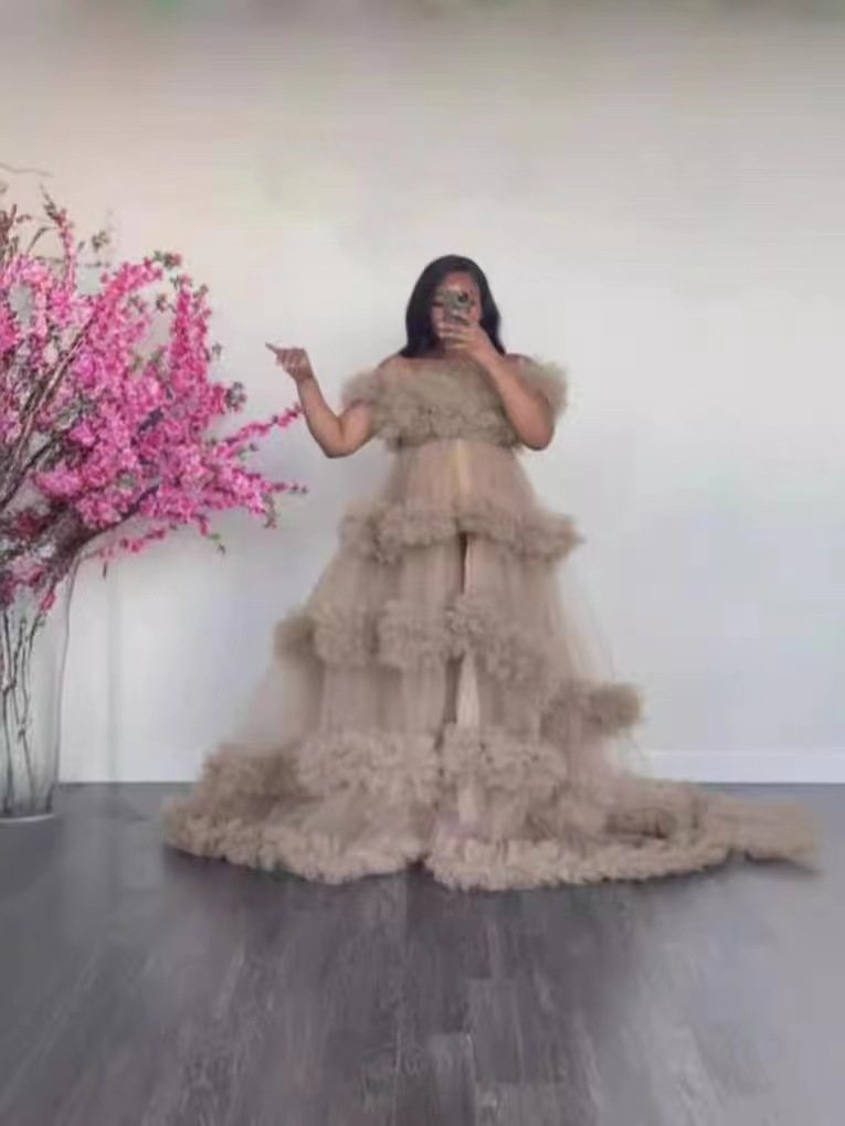 off-shoulder gauze multi-level puffy gauze pregnant clothes sexy front split photo studio photography evening dress toasting clothes