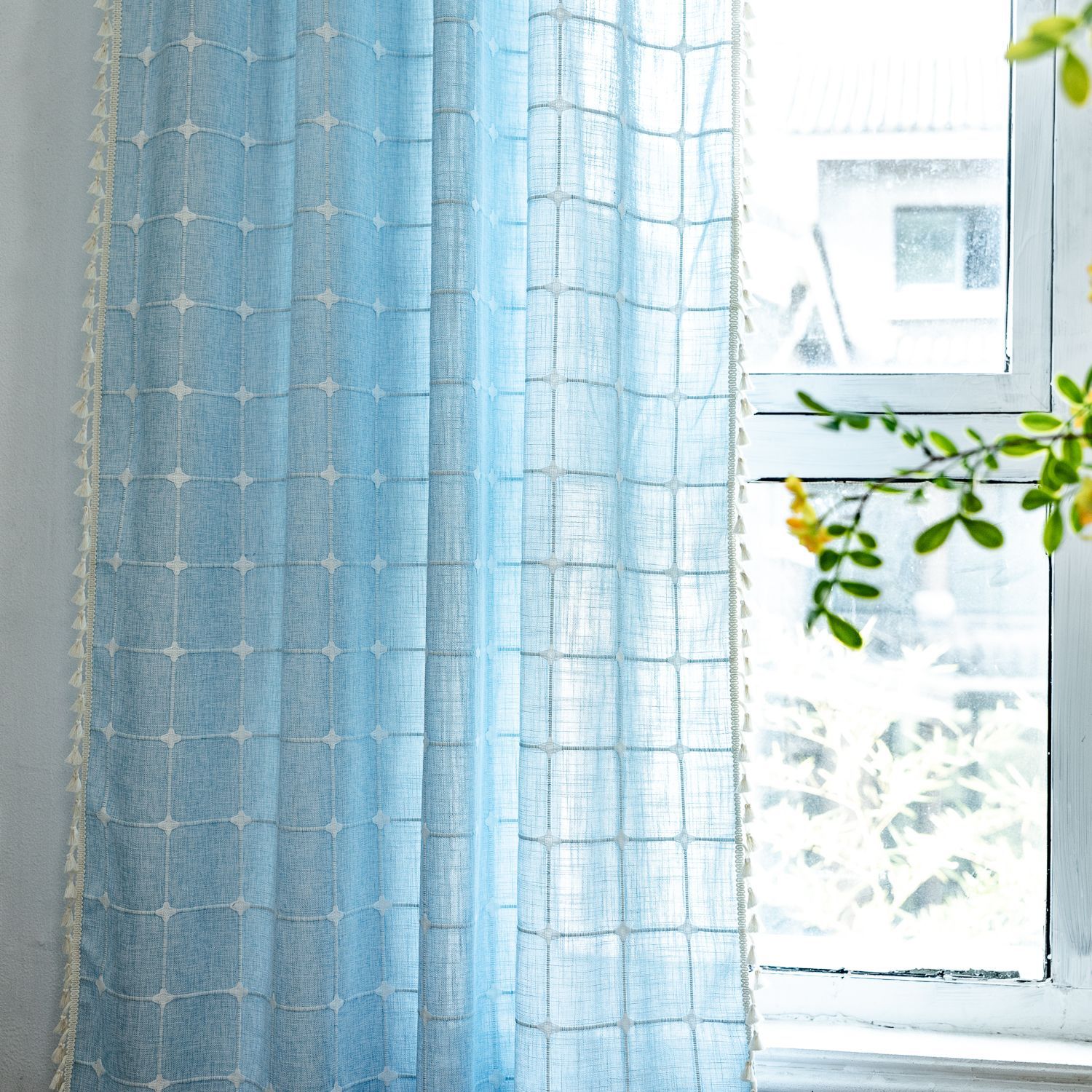Picture of Sien cross-border popular curtain finished product punch-free Rod set American living room bedroom tassel balcony Plaid curtain
