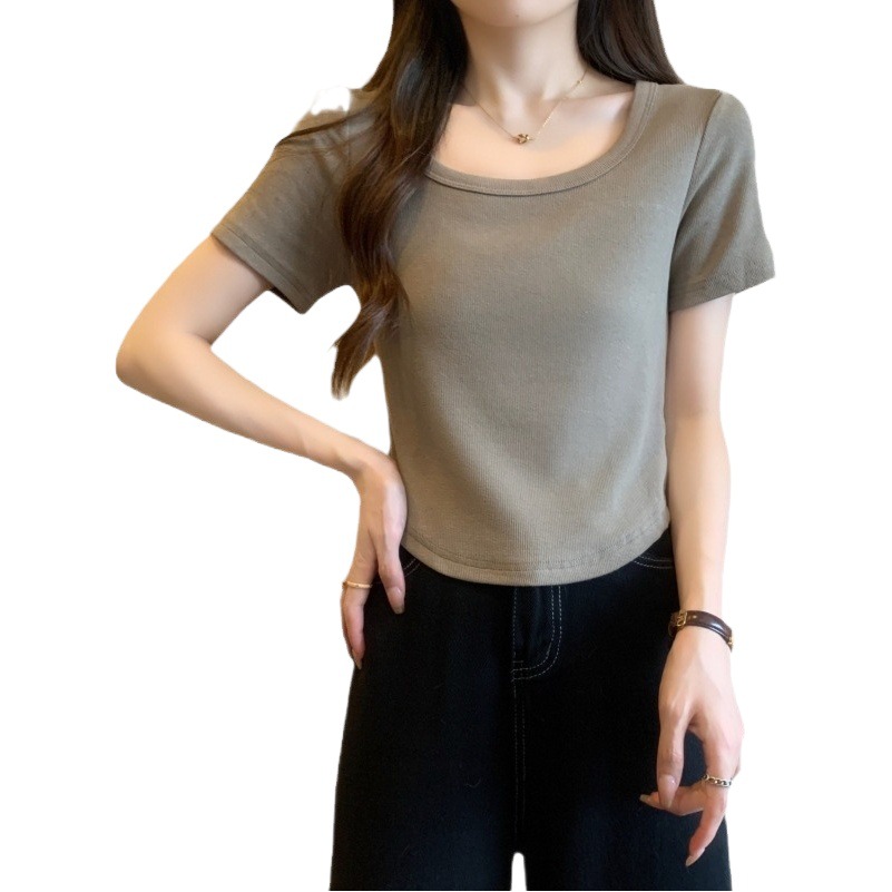 Pure Cotton Base Shirt French Sweet and Hot Square Collar Short-sleeved T-shirt Women's 2024 Summer New Simple All-match Casual Top