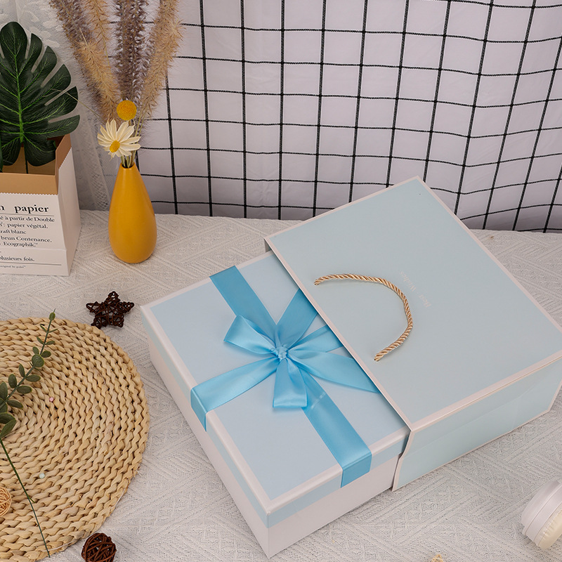 In stock heaven and earth cover gift box bow gift box wholesale rectangular birthday blue gift box gift box with hand gift