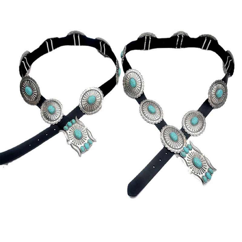 Cross-border jewelry belt women's fashion metal carving retro turquoise inlay personality all-match high-end retro accessories