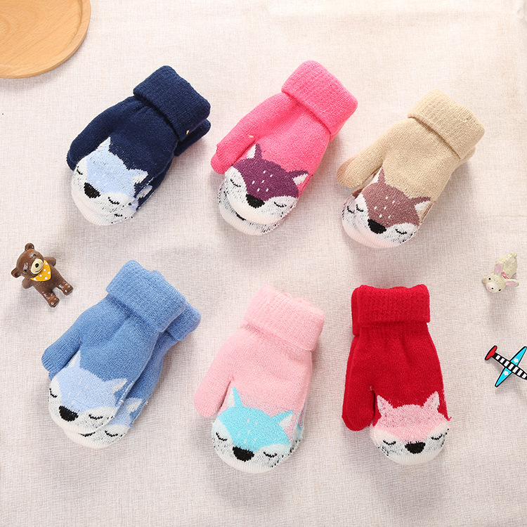 Picture of 3-Year-Old Cute Little Fox Winter Double-Layer Knitted Wool Fleece-Lined Thick Outdoor Warm Gloves Cartoon for Boys and Girls
