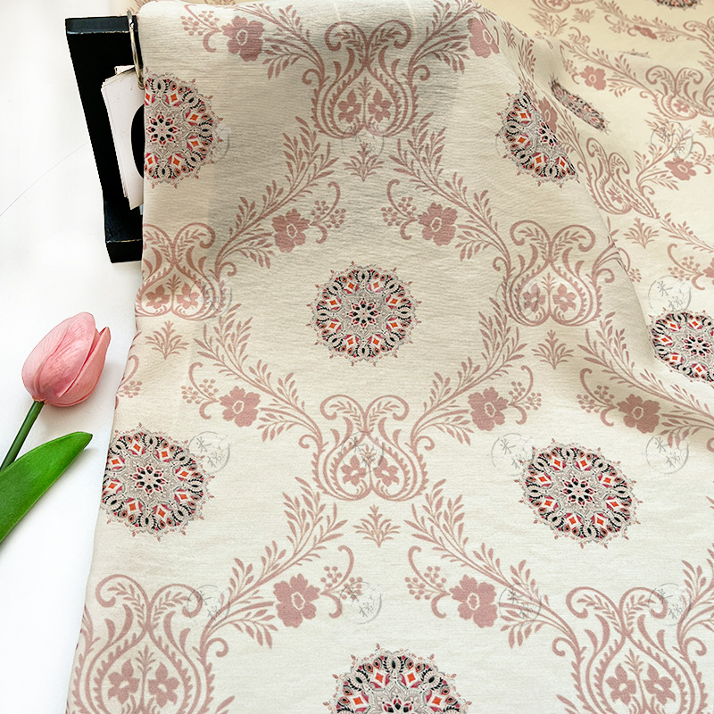 Light pink group flower, new Chinese style brocade cotton fabric, cheongsam dress, top, Hanfu fabric, digital printed fabric