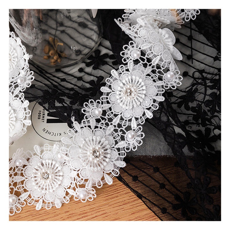 5cm Wide White Fine Handmade Bead Polyester Light Embroidered Lace Bar Code Lolita Women's Clothing Decoration for Children