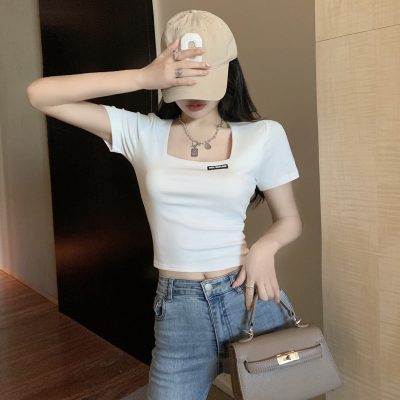 Picture of Square Collar Short-sleeved T-shirt Women's Summer New Short Spice Girl Top Slim-fit Styish White Half-sleeved Trendy
