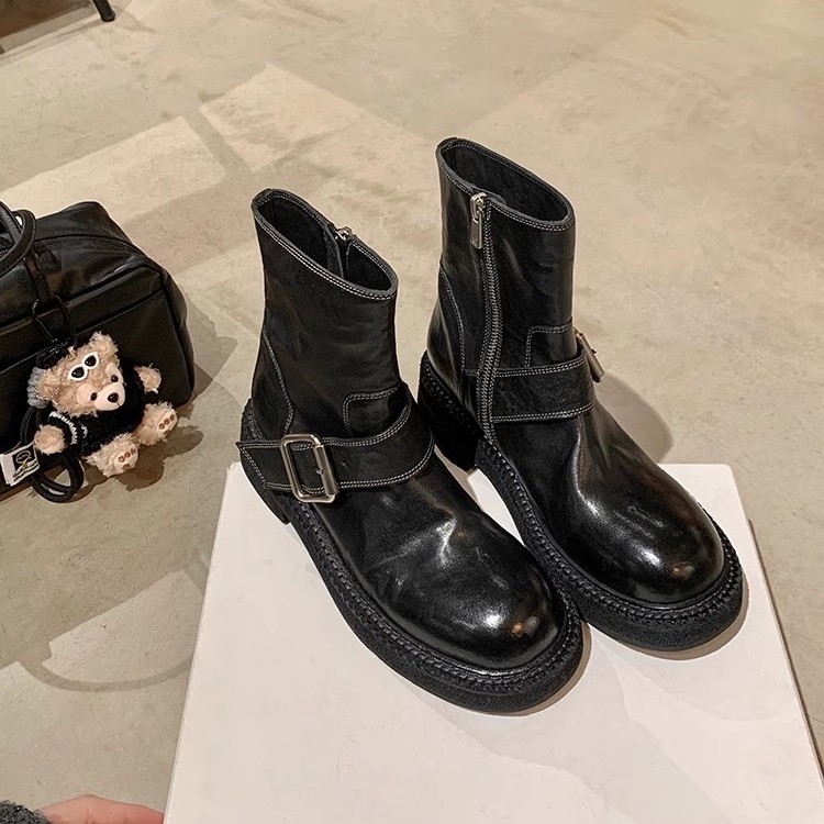 [sheii Su Yinyin] Same Model ~ Washed Shrink Leather Round Head Belt Buckle Side Zipper Motorcycle Boots Martin Boots