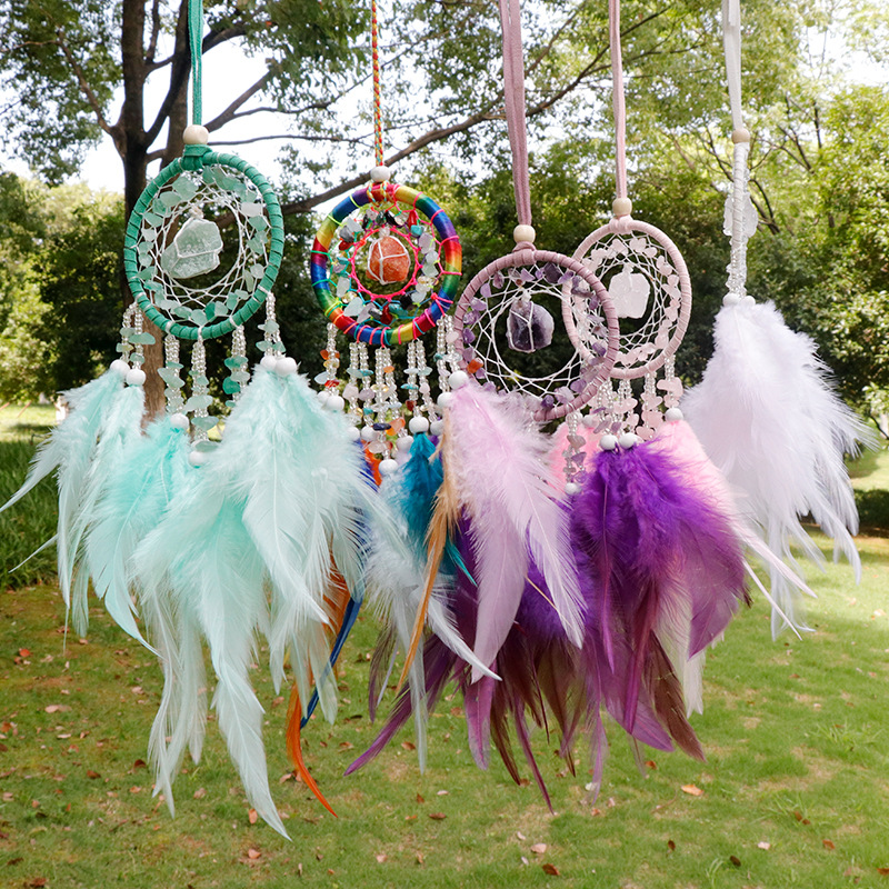 Natural Crystal Agate Original Stone Pendant Exquisite Car Hanging Feather Dream Catcher Wind Bell Cross-border Jewelry Wholesale