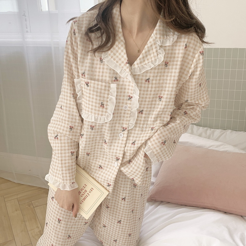 ins South Korea cross-border foreign trade cherry yellow plaid pajamas women's long sleeve sweet lace loose milk silk suit
