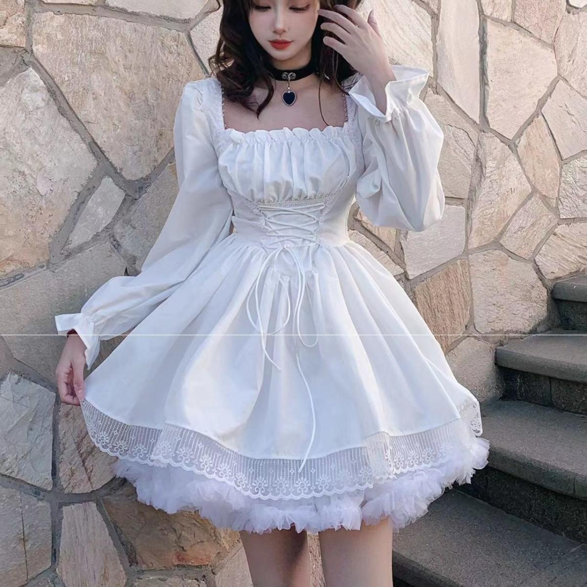 Without support skirt] Sweet Princess cute lolita dress 2024 spring new square collar lace-up waist