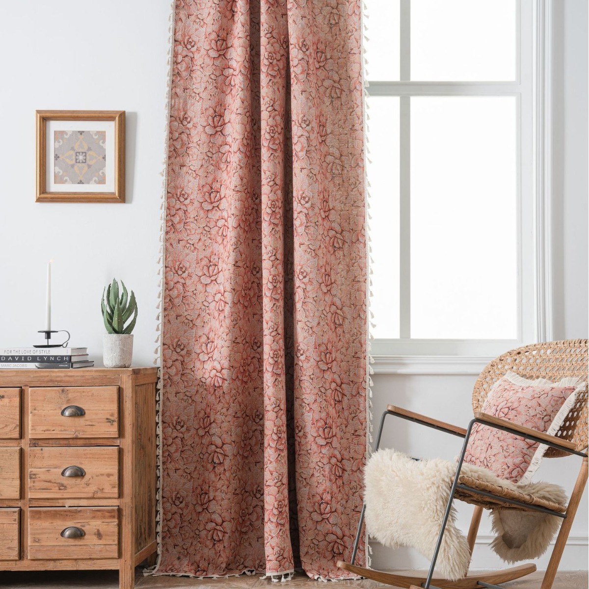 Yuman Qiyun Curtain Pink Fleshy Flower Jacquard Tassel Curtain Finished Kitchen Curtain Bay Window Semi-Shaded