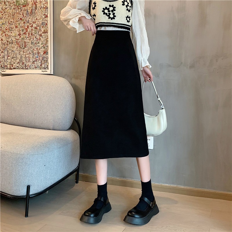 Skirt for Children Spring and Summer 2024 New Slimming A- word Mid-length Small High Waist Dipping Autumn Black