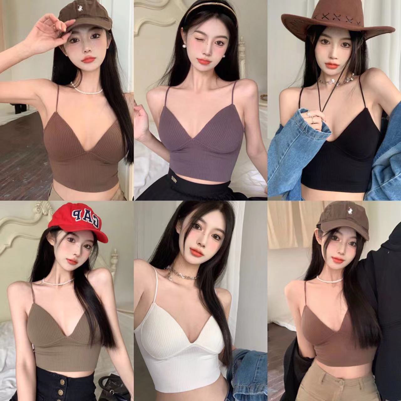 Simple Deep V small sling with chest pad vest knitted tube top fixed Cup beauty back underwear slimming undershirt