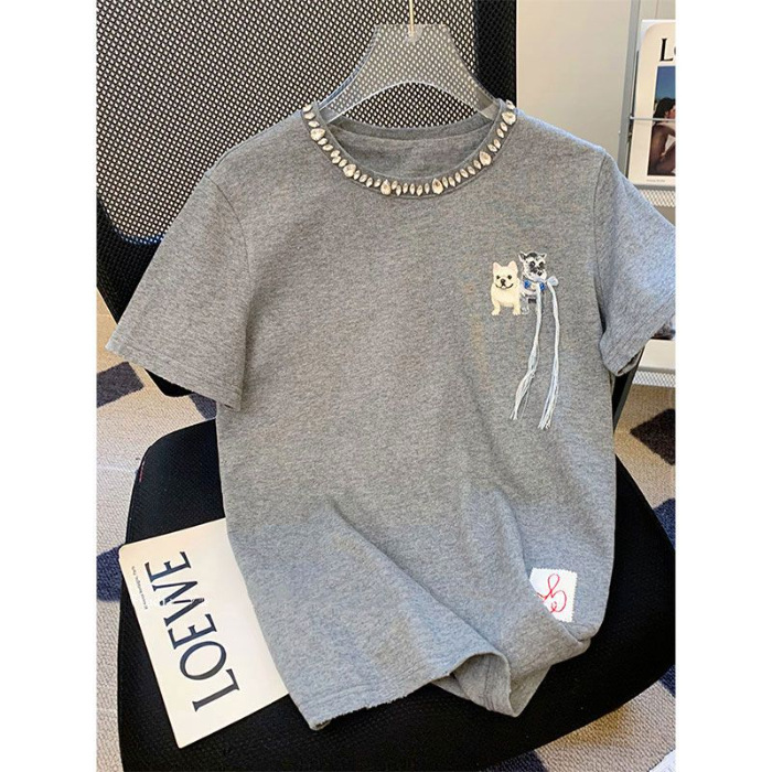 Picture of Cotton Back Bag Collar Round Neck Diamond-encrusted Grey Puppy Embroidered Short-sleeved T-shirt Women's 2024 New Loose Niche Top
