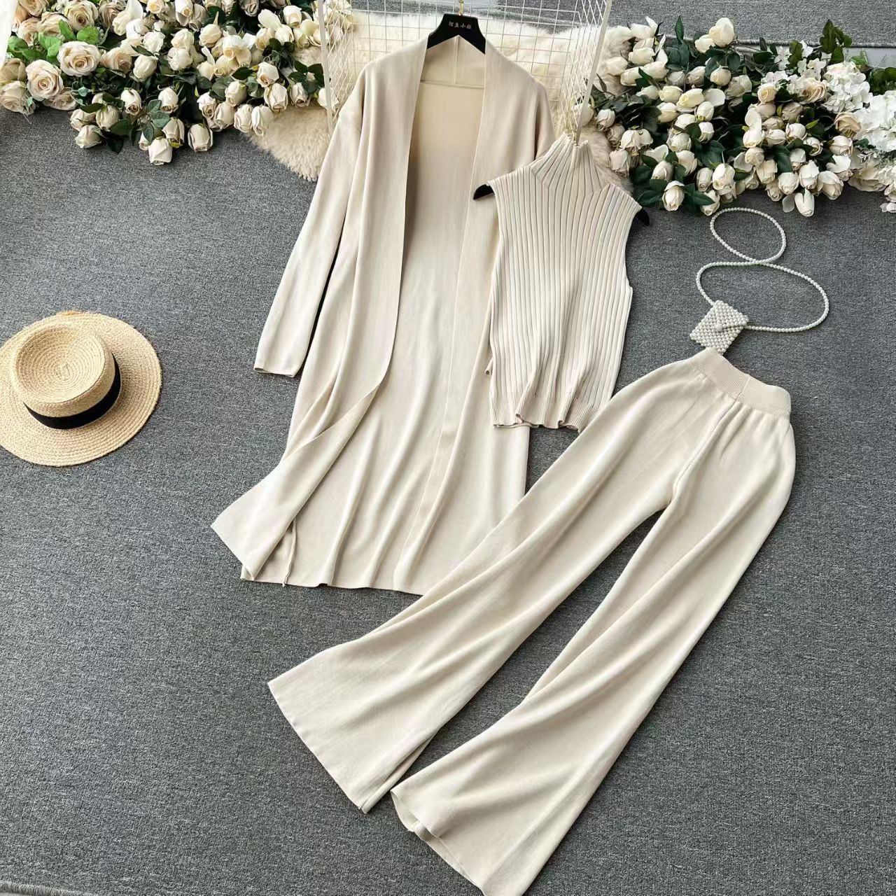 Picture of Cross-border Amazon Spring and Autumn New Lazy Elegant Knitted suit Sleeveless Vest Sweater Cardigan Pants Three-piece Set
