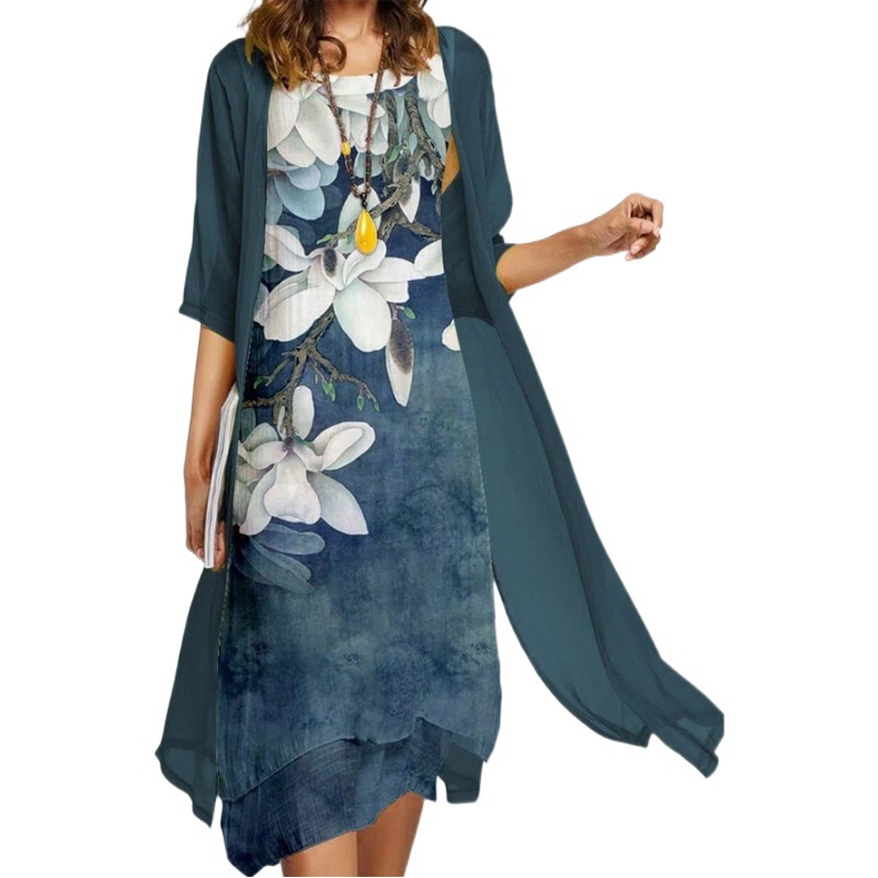 2024 European and American Amazon Summer New Women's Casual dress Two-piece Printed Round Neck Slim-fit Dress for Women