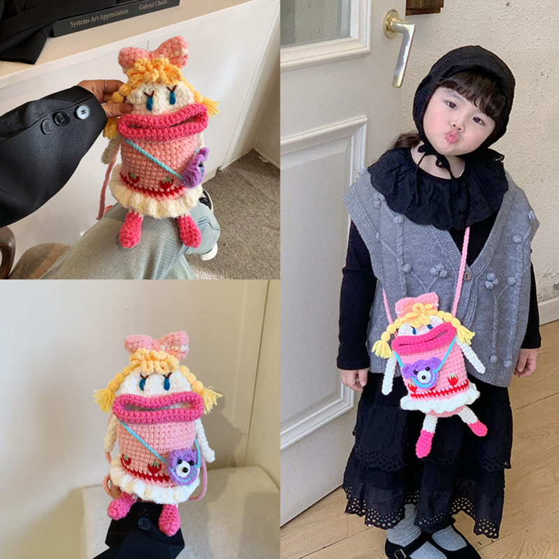 Children's Bag Autumn and Winter New Cute Wool Bag Finished Korean Hand-woven Pink Big Mouth Girl Mobile Phone Coin Purse