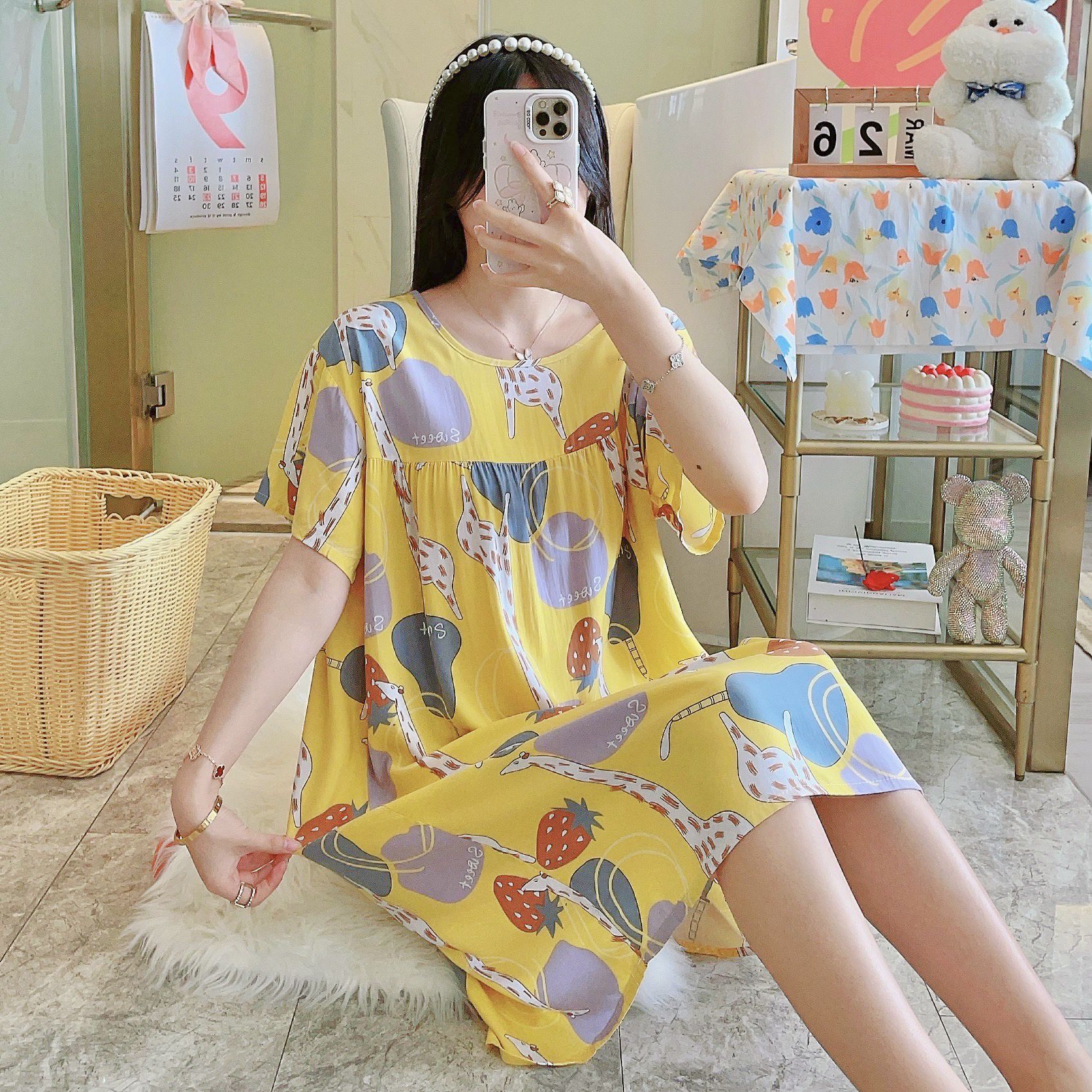 Picture of Cotton Silk Nightgown Women's Spring and Autumn Summer Thin Pajamas Korean Sweet Girls Online Celebrant Live Explosions Home Outwear Skirt