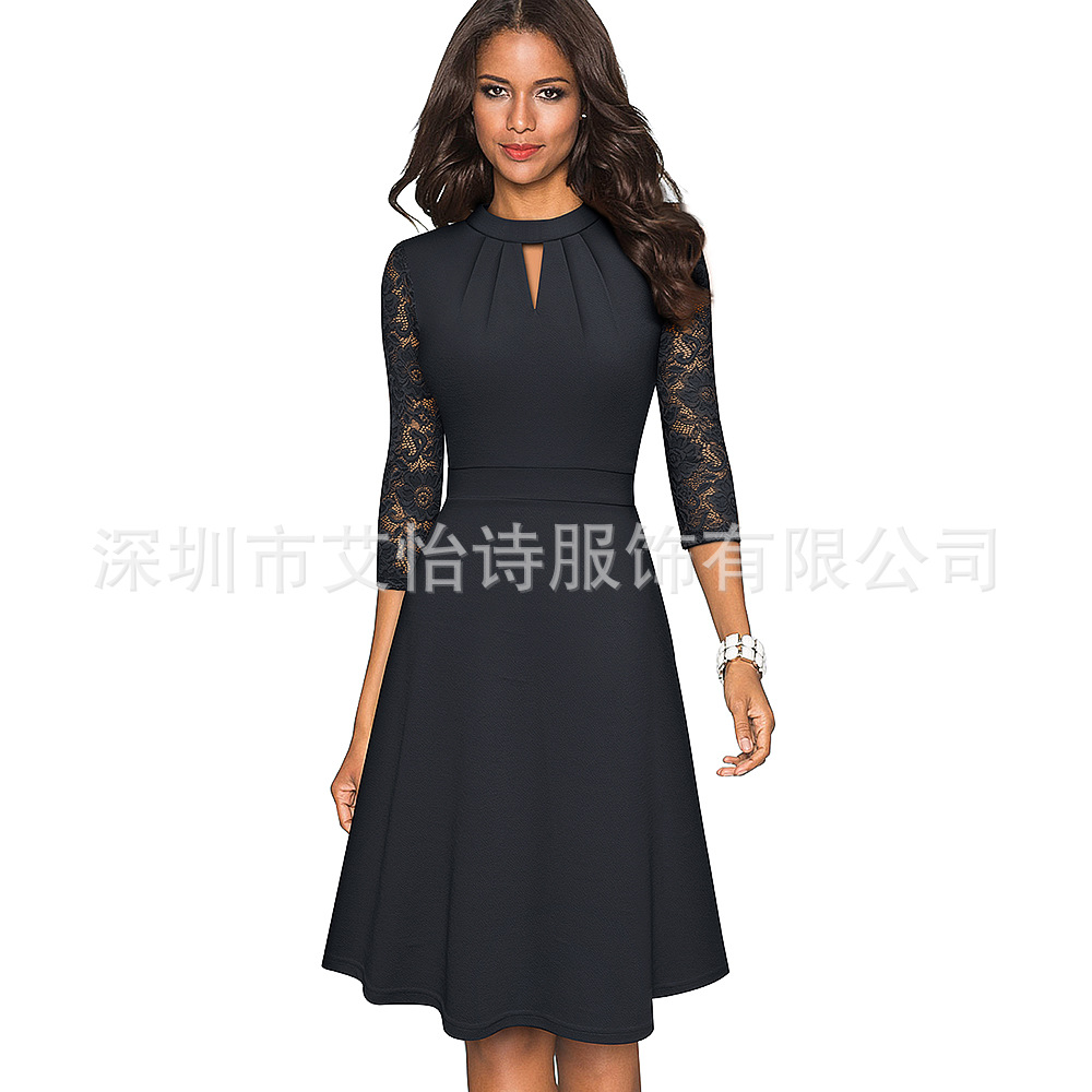 European and American Clothing Autumn and Winter Cut Out Lace Splicing Stand Collar Dress Amazon Best Selling Ol Work Clothing Large Hem A-Line Skirt